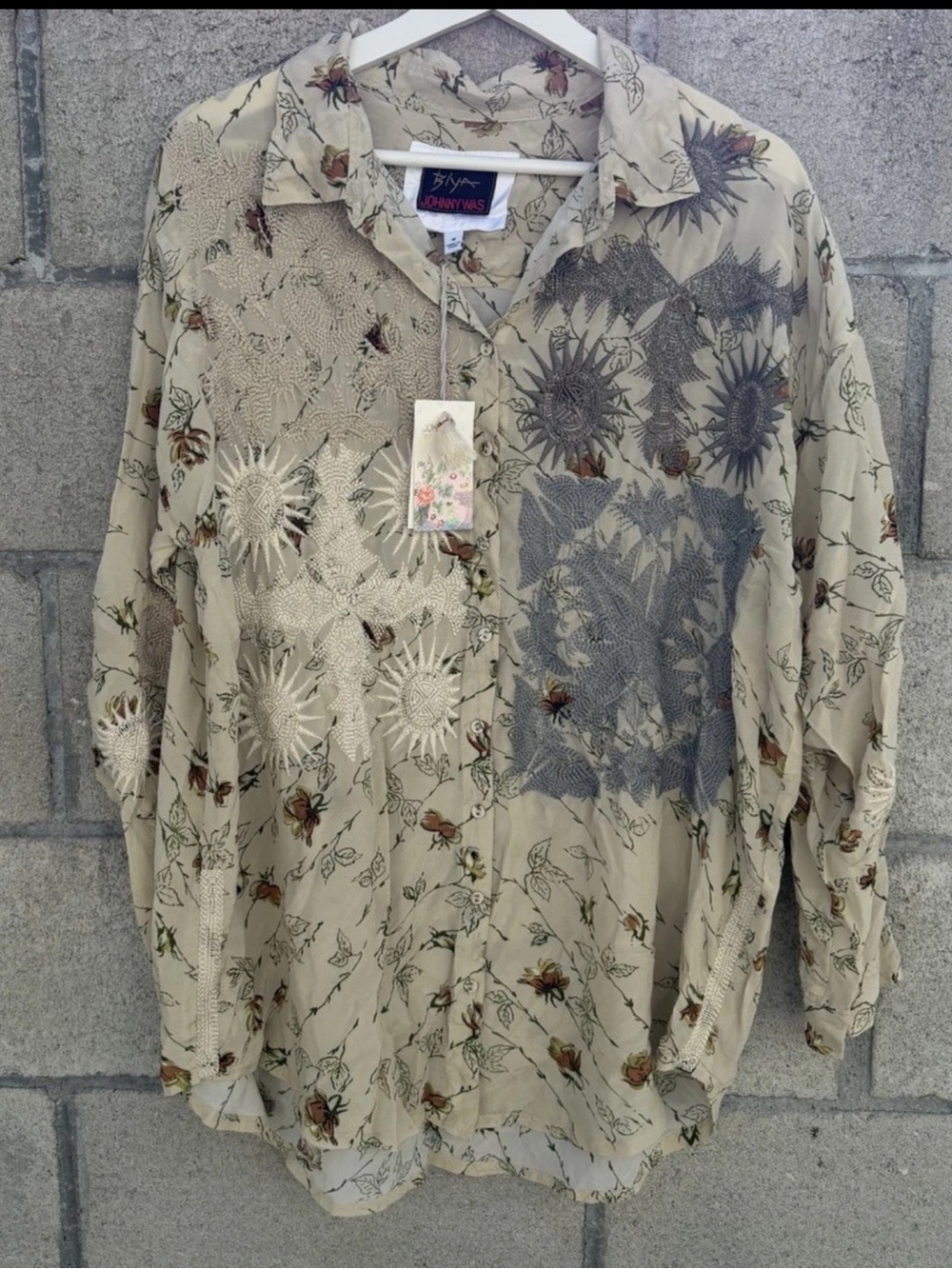 Johnny Was BIYA Coi Silk Shirt Embroidered Floral Artisan Lagenlook Blouse M